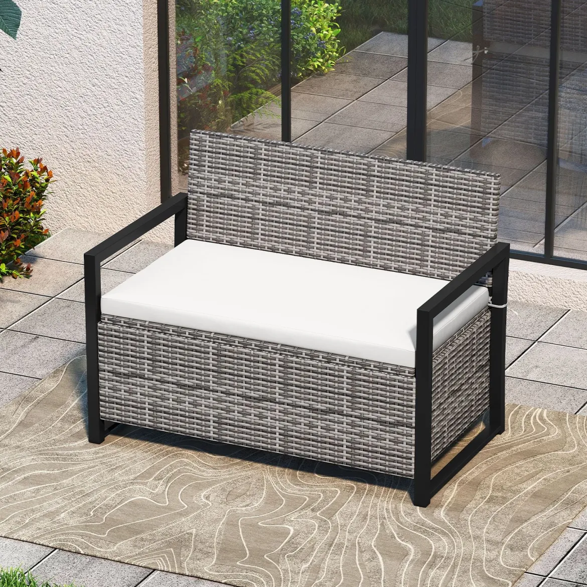 Rattan Gartenbank mit Stauraum Wetterfeste Balkontank mit Sitzkissen bis 360 kg Belastbar