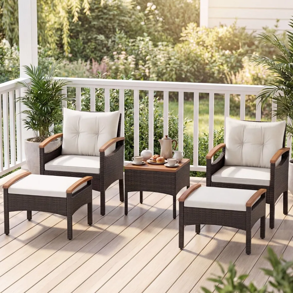 Rattan Gartenmöbel Set inkl. 2 Stühle mit Hocker & Tisch & Kissen Akazienholz Balkonset Creme