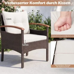 Rattan Gartenmöbel Set inkl. 2 Stühle mit Hocker & Tisch & Kissen Akazienholz Balkonset Creme