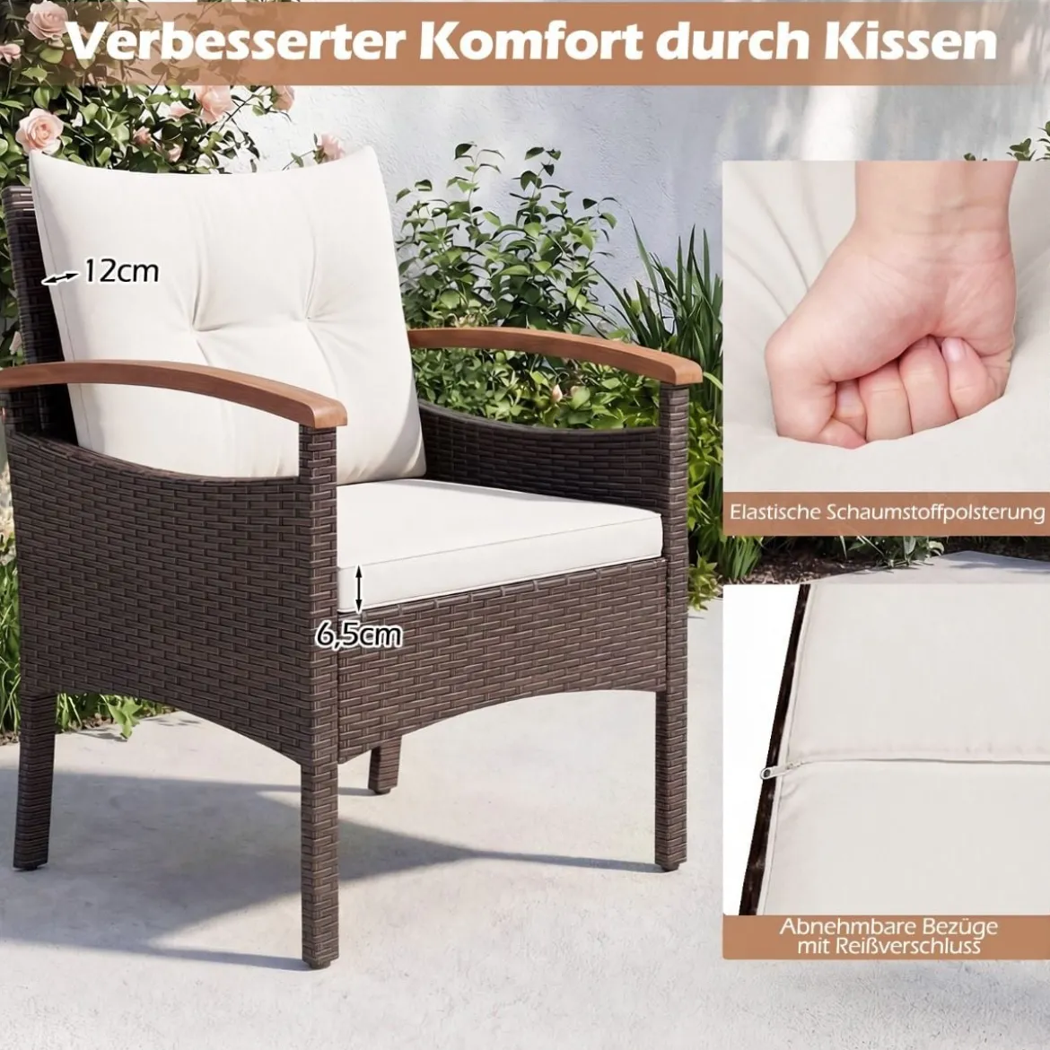 Rattan Gartenmöbel Set inkl. 2 Stühle mit Hocker & Tisch & Kissen Akazienholz Balkonset Creme
