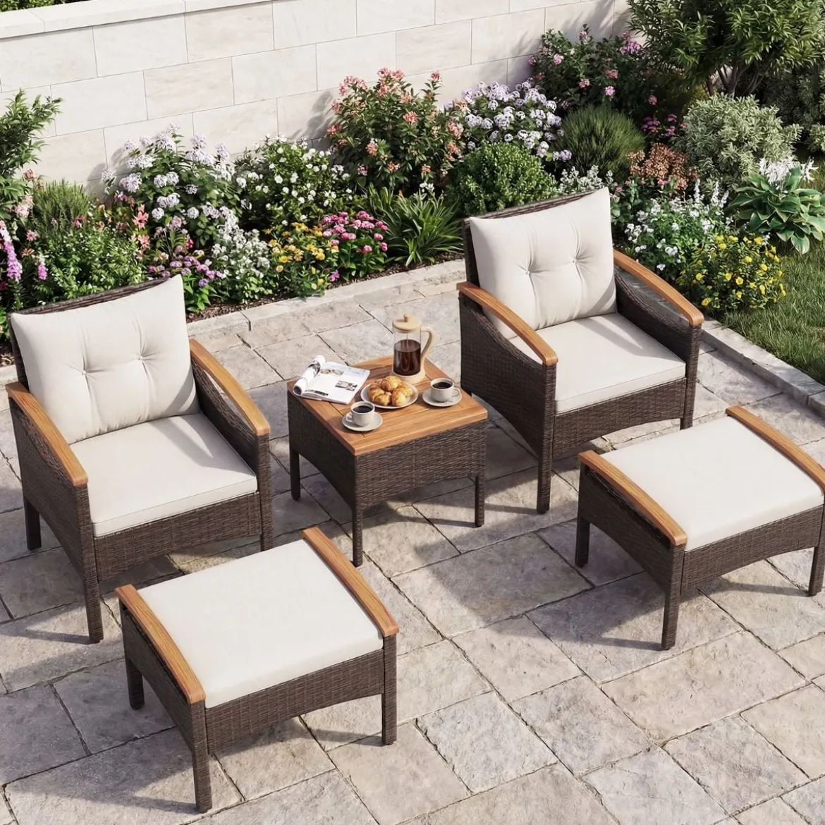 Rattan Gartenmöbel Set inkl. 2 Stühle mit Hocker & Tisch & Kissen Akazienholz Balkonset Creme