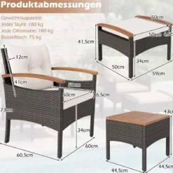 Rattan Gartenmöbel Set inkl. 2 Stühle mit Hocker & Tisch & Kissen Akazienholz Balkonset Creme