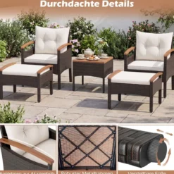Rattan Gartenmöbel Set inkl. 2 Stühle mit Hocker & Tisch & Kissen Akazienholz Balkonset Creme