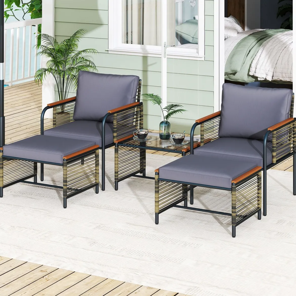 Rattan Gartenmöbel Set inkl. 2 Stühle mit Kissen & Hocker & Tisch Gartengarnitur Sitzgruppe Grau