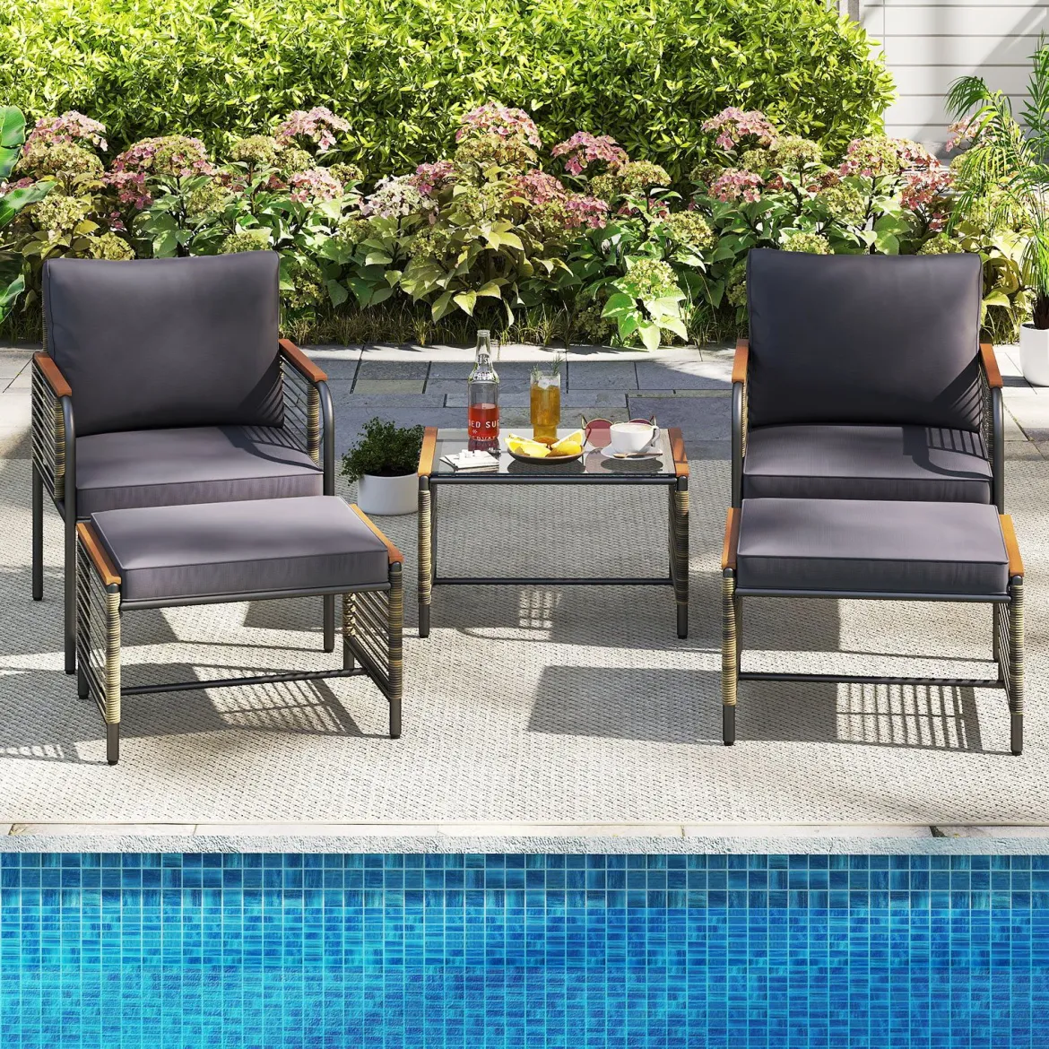 Rattan Gartenmöbel Set inkl. 2 Stühle mit Kissen & Hocker & Tisch Gartengarnitur Sitzgruppe Grau
