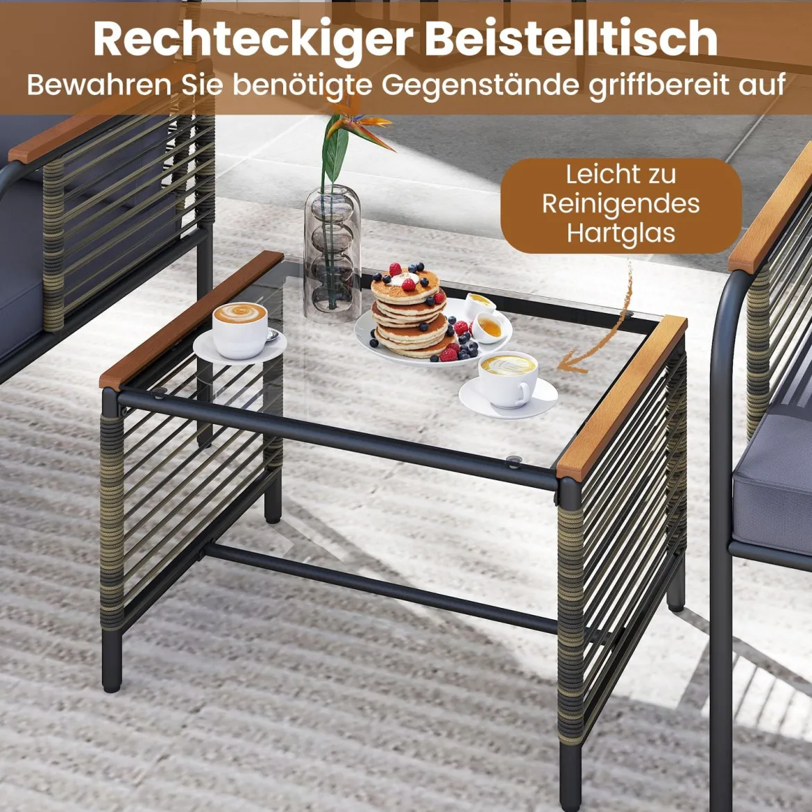 Rattan Gartenmöbel Set inkl. 2 Stühle mit Kissen & Hocker & Tisch Gartengarnitur Sitzgruppe Grau
