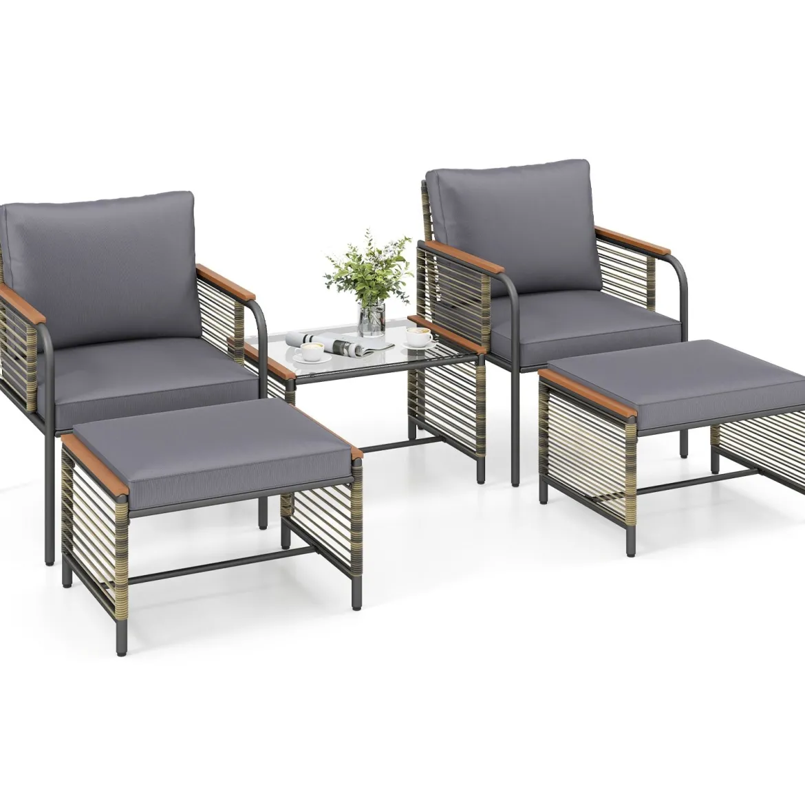 Rattan Gartenmöbel Set inkl. 2 Stühle mit Kissen & Hocker & Tisch Gartengarnitur Sitzgruppe Grau