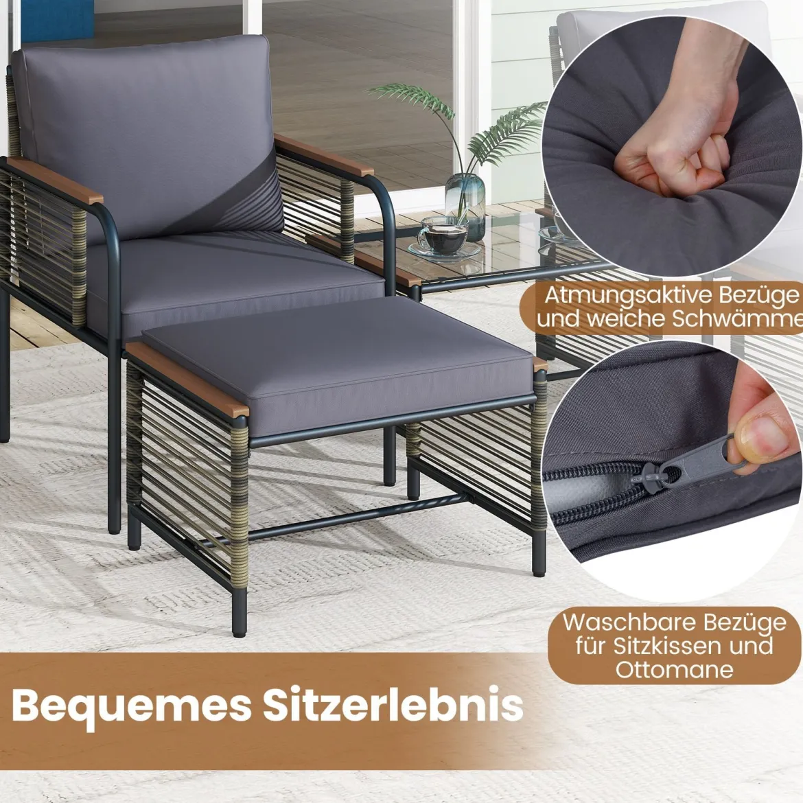 Rattan Gartenmöbel Set inkl. 2 Stühle mit Kissen & Hocker & Tisch Gartengarnitur Sitzgruppe Grau