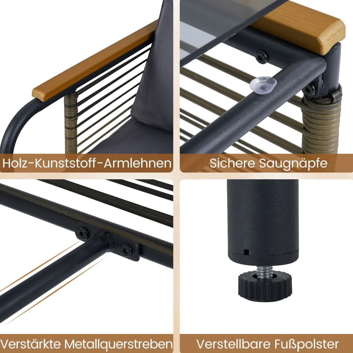 Rattan Gartenmöbel Set inkl. 2 Stühle mit Kissen & Hocker & Tisch Gartengarnitur Sitzgruppe Grau