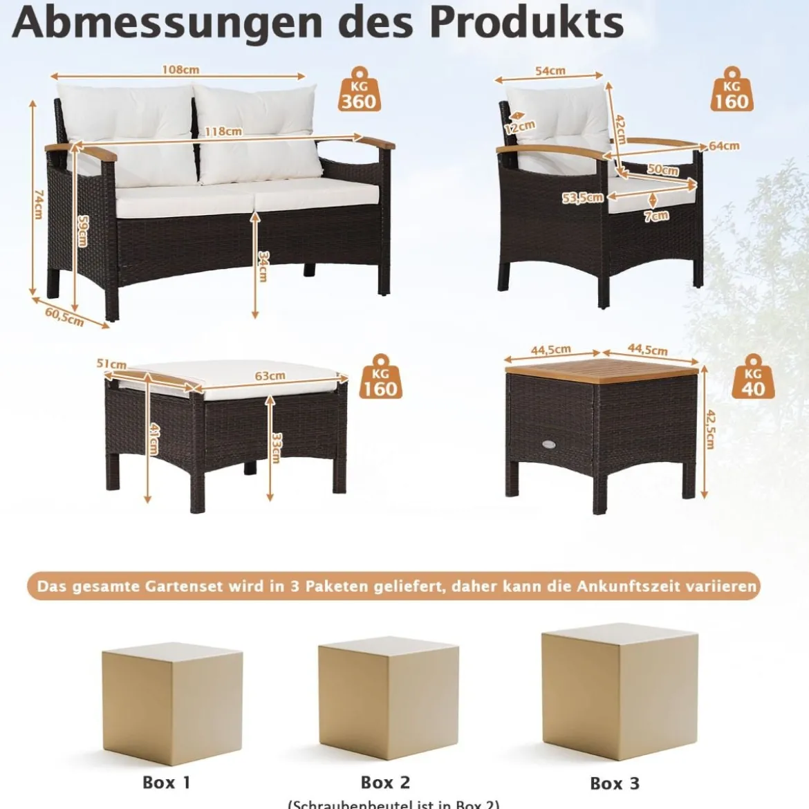 Rattan Gartenmöbel Set inkl. 2 Stühle & 2 Hocker & Bank & Tisch & Kissen Balkonset Gartengarnitur