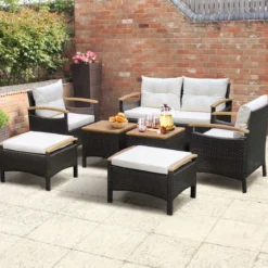 Rattan Gartenmöbel Set inkl. 2 Stühle & 2 Hocker & Bank & Tisch & Kissen Balkonset Gartengarnitur