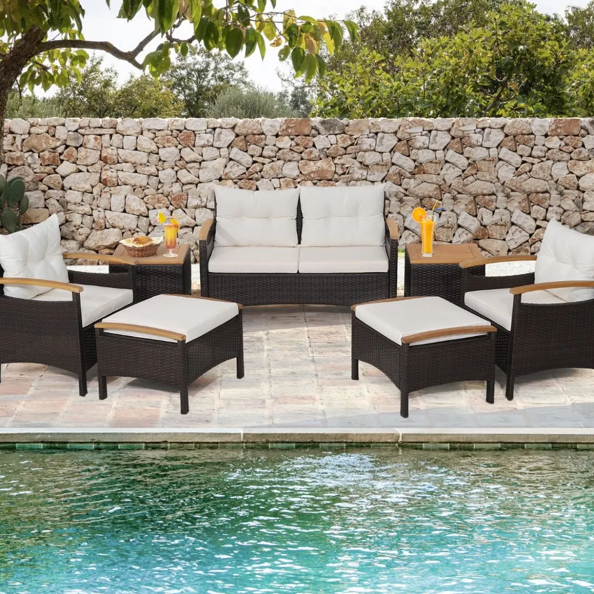 Rattan Gartenmöbel Set inkl. 2 Stühle & 2 Hocker & Bank & Tisch & Kissen Balkonset Gartengarnitur