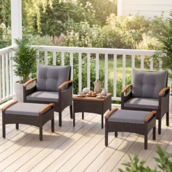 Rattan Gartenmöbel Set inkl. 2 Stühle mit Hocker & Tisch & Kissen Akazienholz Balkonset Grau