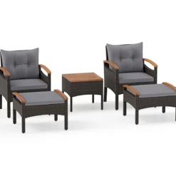 Rattan Gartenmöbel Set inkl. 2 Stühle mit Hocker & Tisch & Kissen Akazienholz Balkonset Grau