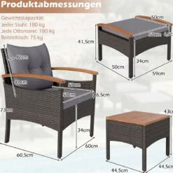 Rattan Gartenmöbel Set inkl. 2 Stühle mit Hocker & Tisch & Kissen Akazienholz Balkonset Grau