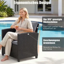 Rattan Gartenmöbel Set inkl. 2 Stühle mit Kissen & Tisch aus Glas Outdoor Sitzgruppe Schwarz-Grau