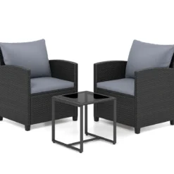 Rattan Gartenmöbel Set inkl. 2 Stühle mit Kissen & Tisch aus Glas Outdoor Sitzgruppe Schwarz-Grau