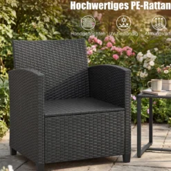 Rattan Gartenmöbel Set inkl. 2 Stühle mit Kissen & Tisch aus Glas Outdoor Sitzgruppe Schwarz-Grau