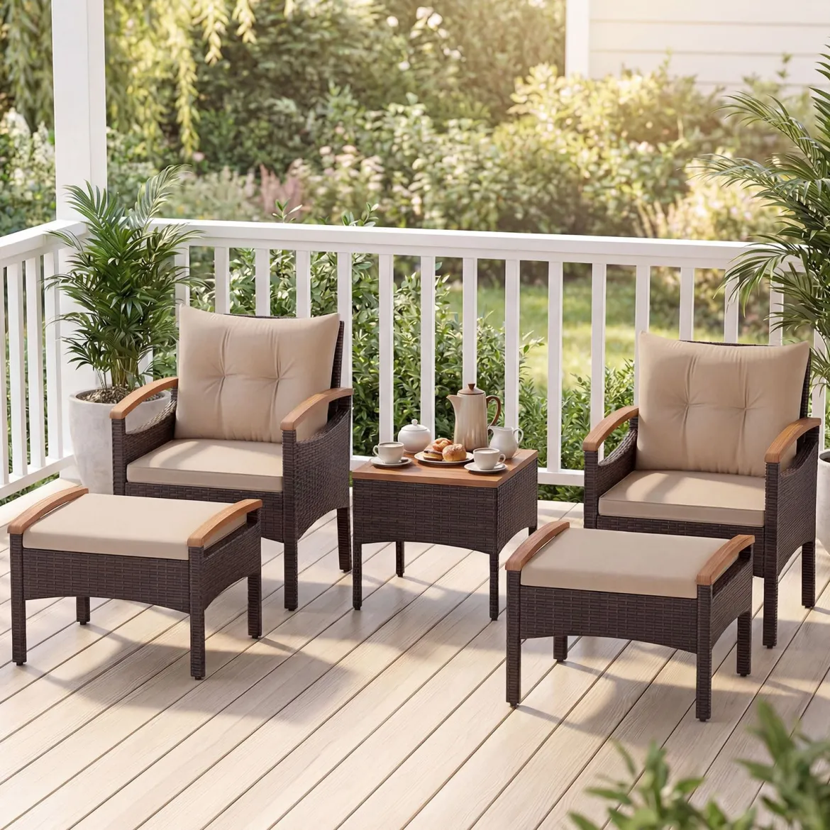Rattan Gartenmöbel Set inkl. 2 Stühle mit Hocker & Tisch & Kissen Akazienholz Balkonset Beige