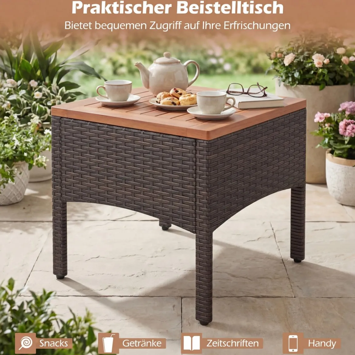 Rattan Gartenmöbel Set inkl. 2 Stühle mit Hocker & Tisch & Kissen Akazienholz Balkonset Beige
