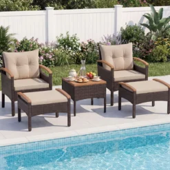 Rattan Gartenmöbel Set inkl. 2 Stühle mit Hocker & Tisch & Kissen Akazienholz Balkonset Beige
