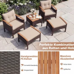 Rattan Gartenmöbel Set inkl. 2 Stühle mit Hocker & Tisch & Kissen Akazienholz Balkonset Beige
