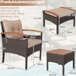 Rattan Gartenmöbel Set inkl. 2 Stühle mit Hocker & Tisch & Kissen Akazienholz Balkonset Beige
