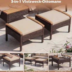 Rattan Gartenmöbel Set inkl. 2 Stühle mit Hocker & Tisch & Kissen Akazienholz Balkonset Beige