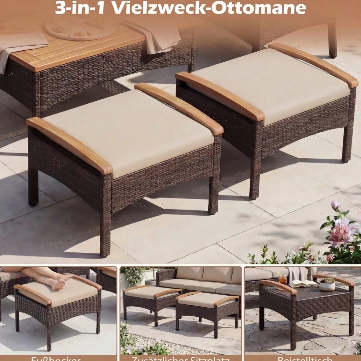 Rattan Gartenmöbel Set inkl. 2 Stühle mit Hocker & Tisch & Kissen Akazienholz Balkonset Beige
