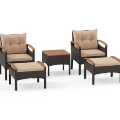 Rattan Gartenmöbel Set inkl. 2 Stühle mit Hocker & Tisch & Kissen Akazienholz Balkonset Beige