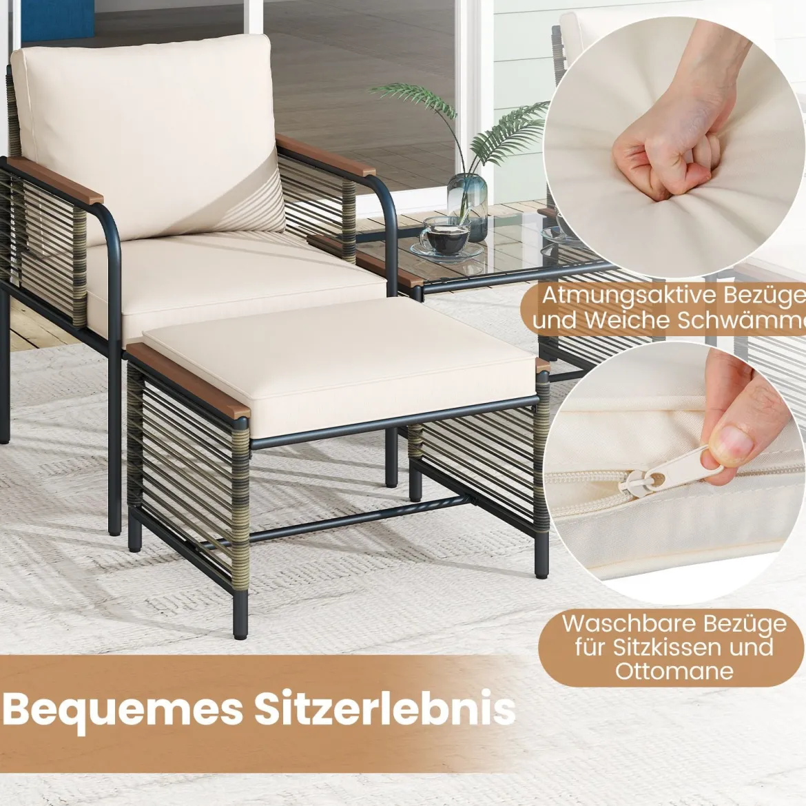 Rattan Gartenmöbel Set inkl. 2 Stühle mit Kissen & Hocker & Tisch Gartengarnitur Sitzgruppe Beige
