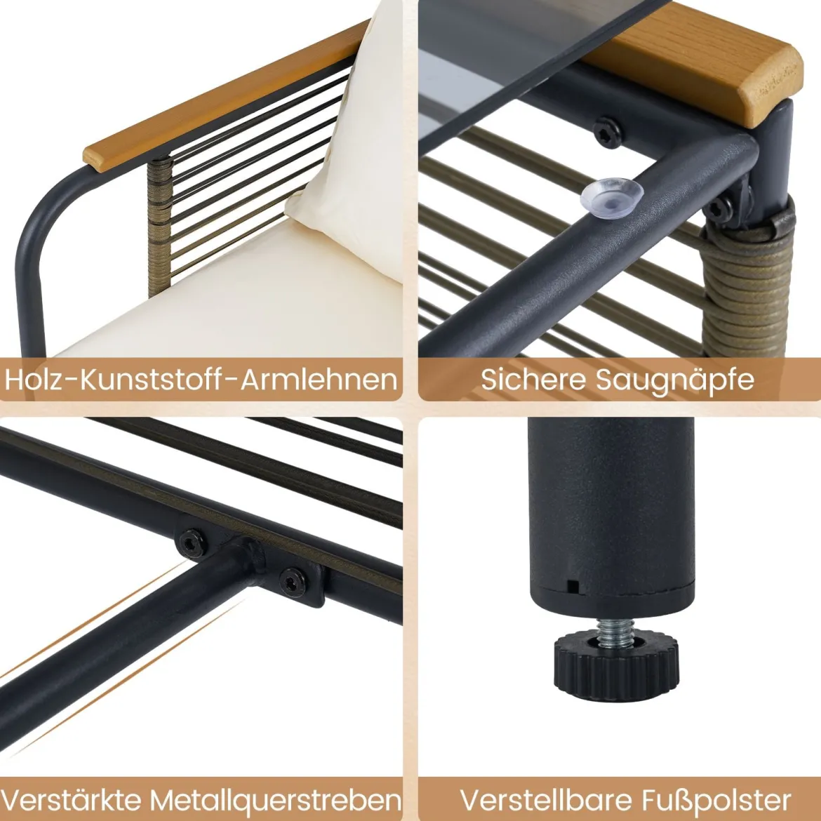 Rattan Gartenmöbel Set inkl. 2 Stühle mit Kissen & Hocker & Tisch Gartengarnitur Sitzgruppe Beige