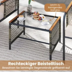 Rattan Gartenmöbel Set inkl. 2 Stühle mit Kissen & Hocker & Tisch Gartengarnitur Sitzgruppe Beige