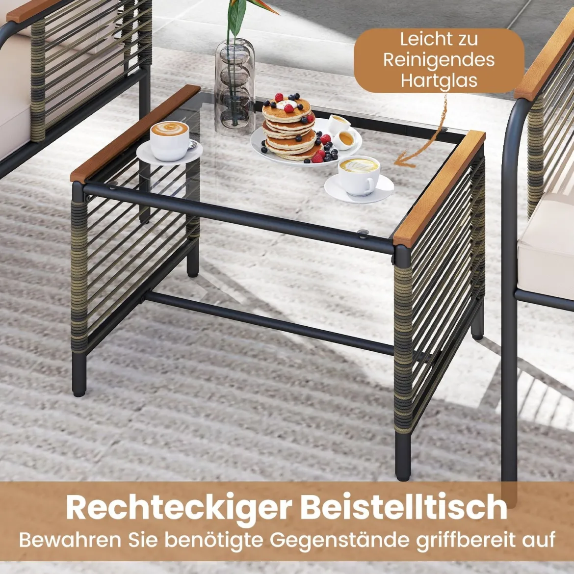 Rattan Gartenmöbel Set inkl. 2 Stühle mit Kissen & Hocker & Tisch Gartengarnitur Sitzgruppe Beige
