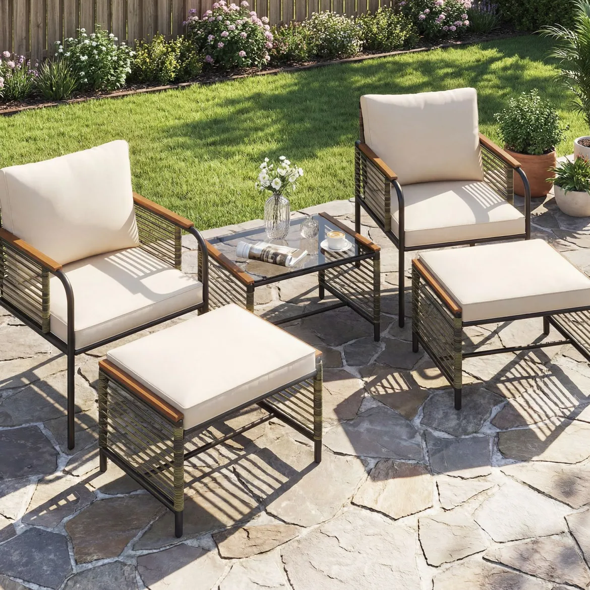 Rattan Gartenmöbel Set inkl. 2 Stühle mit Kissen & Hocker & Tisch Gartengarnitur Sitzgruppe Beige