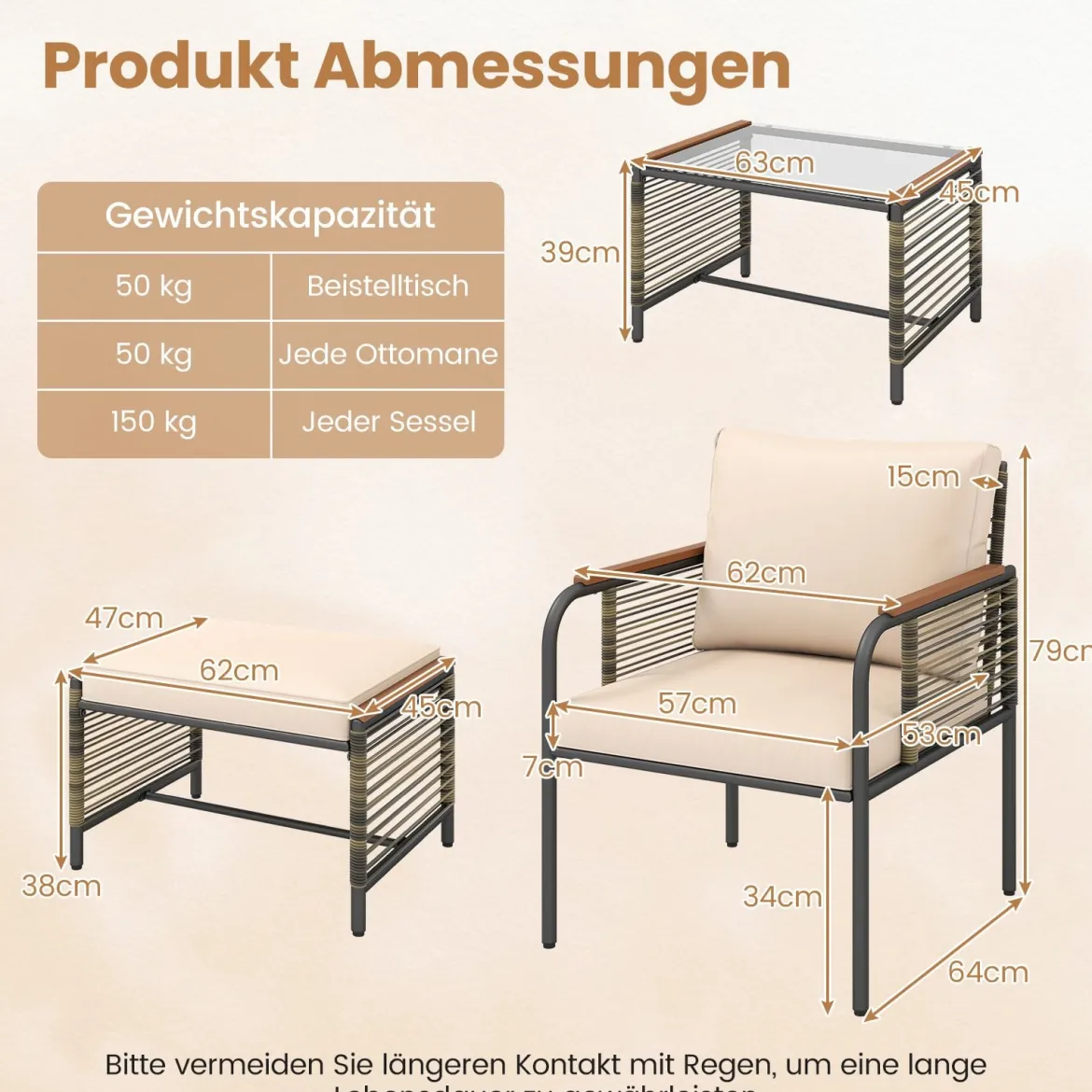 Rattan Gartenmöbel Set inkl. 2 Stühle mit Kissen & Hocker & Tisch Gartengarnitur Sitzgruppe Beige
