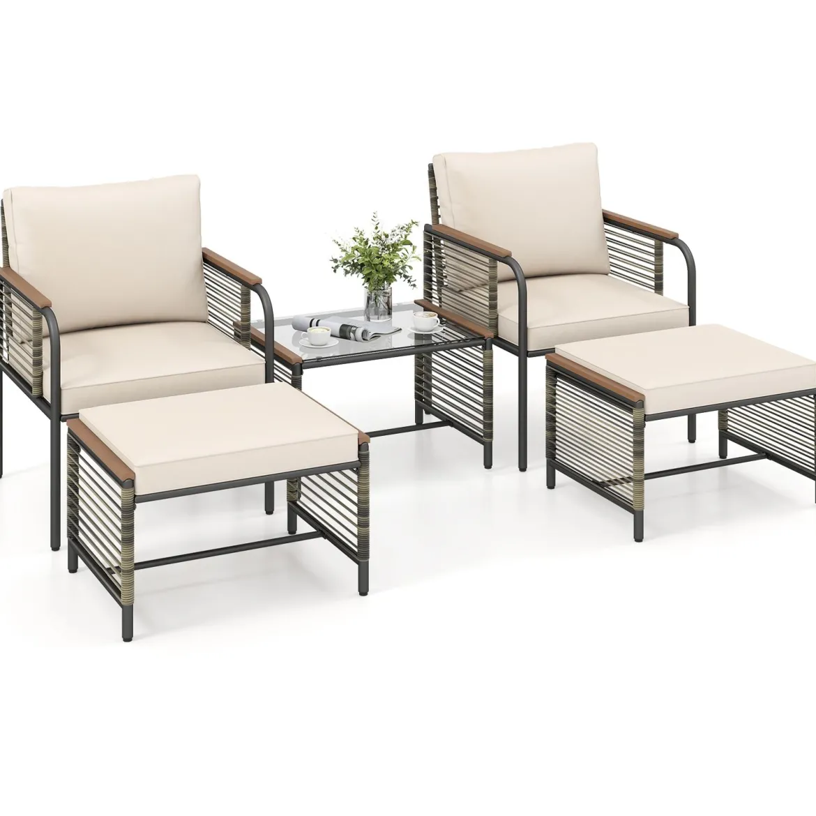 Rattan Gartenmöbel Set inkl. 2 Stühle mit Kissen & Hocker & Tisch Gartengarnitur Sitzgruppe Beige