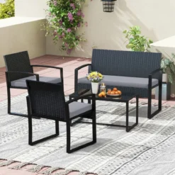 Rattan Gartenmöbel Set mit 2 Sessel & Bank & Tisch & Sitzkissen Outdoor Lounge Möbel Grau