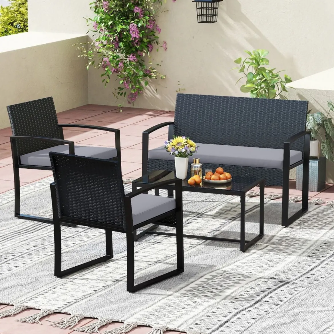 Rattan Gartenmöbel Set mit 2 Sessel & Bank & Tisch & Sitzkissen Outdoor Lounge Möbel Grau
