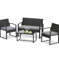 Rattan Gartenmöbel Set mit 2 Sessel & Bank & Tisch & Sitzkissen Outdoor Lounge Möbel Grau