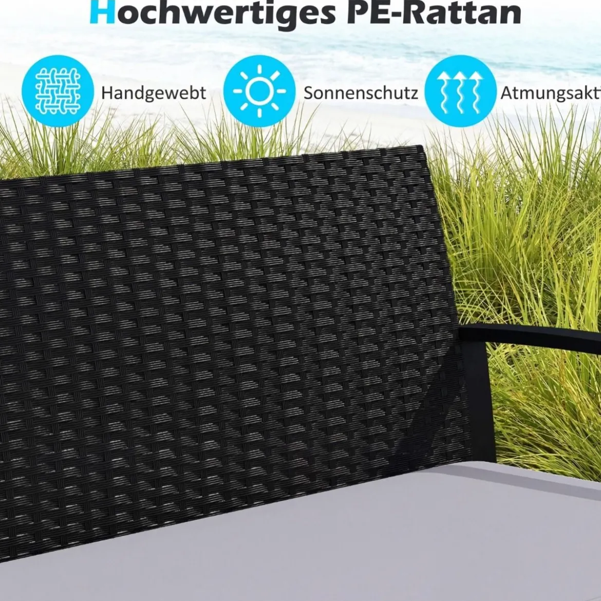 Rattan Gartenmöbel Set mit 2 Sessel & Bank & Tisch & Sitzkissen Outdoor Lounge Möbel Grau