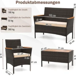 Rattan Gartenmöbel Set mit 2 Sessel & Bank & Tisch & Kissen Outdoor Lounge Möbel Sitzgarnitur