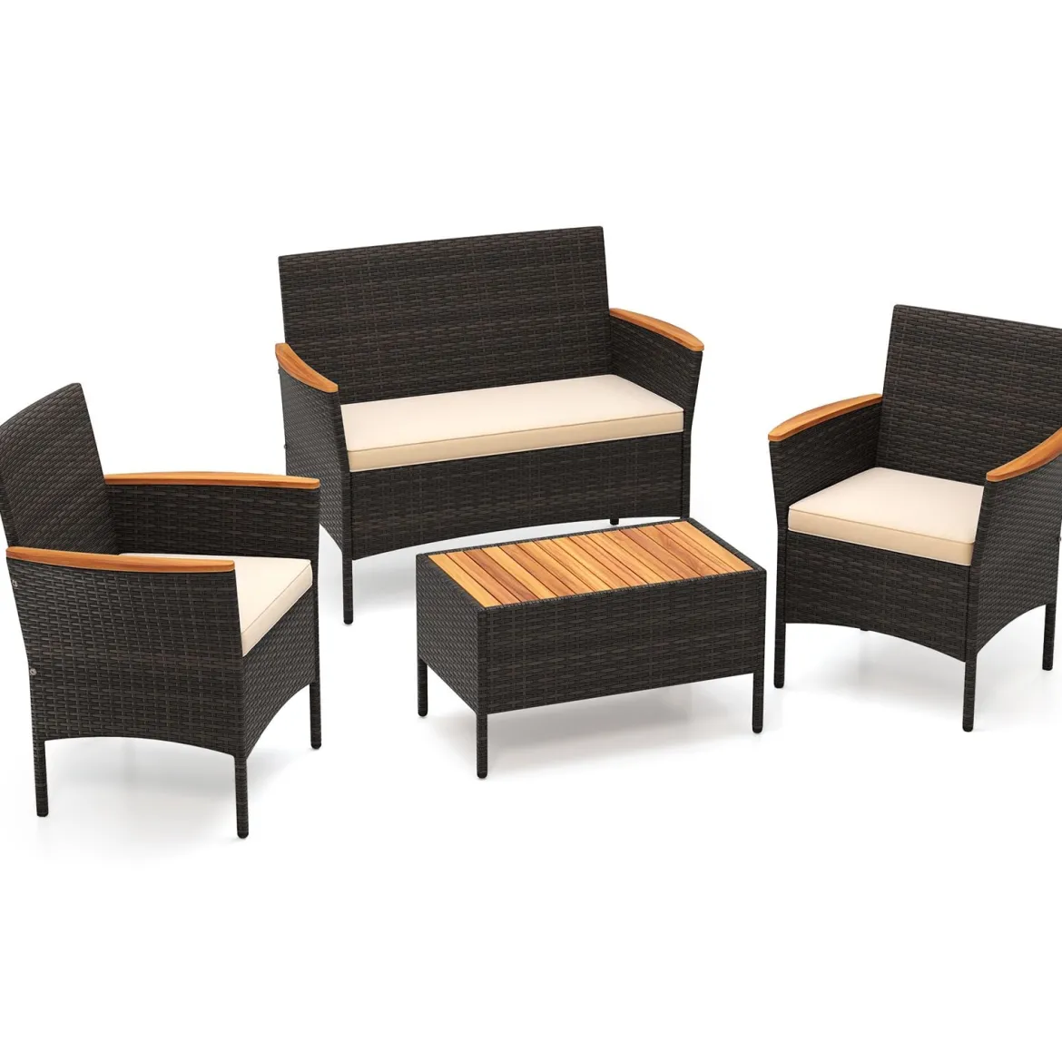 Rattan Gartenmöbel Set mit 2 Sessel & Bank & Tisch & Kissen Outdoor Lounge Möbel Sitzgarnitur