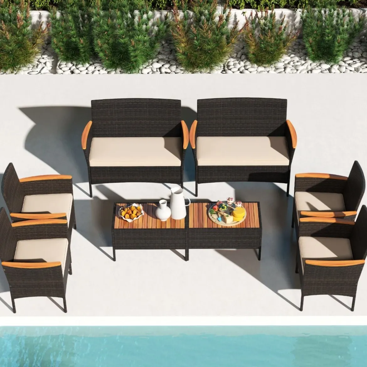 Rattan Gartenmöbel Set mit 2 Sessel & Bank & Tisch & Kissen Outdoor Lounge Möbel Sitzgarnitur