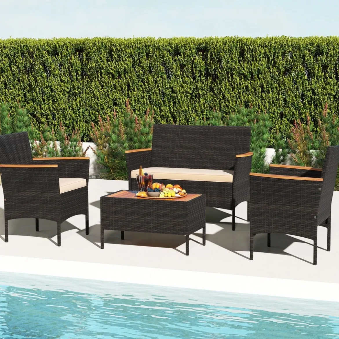 Rattan Gartenmöbel Set mit 2 Sessel & Bank & Tisch & Kissen Outdoor Lounge Möbel Sitzgarnitur