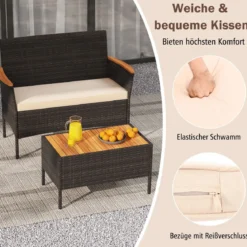 Rattan Gartenmöbel Set mit 2 Sessel & Bank & Tisch & Kissen Outdoor Lounge Möbel Sitzgarnitur