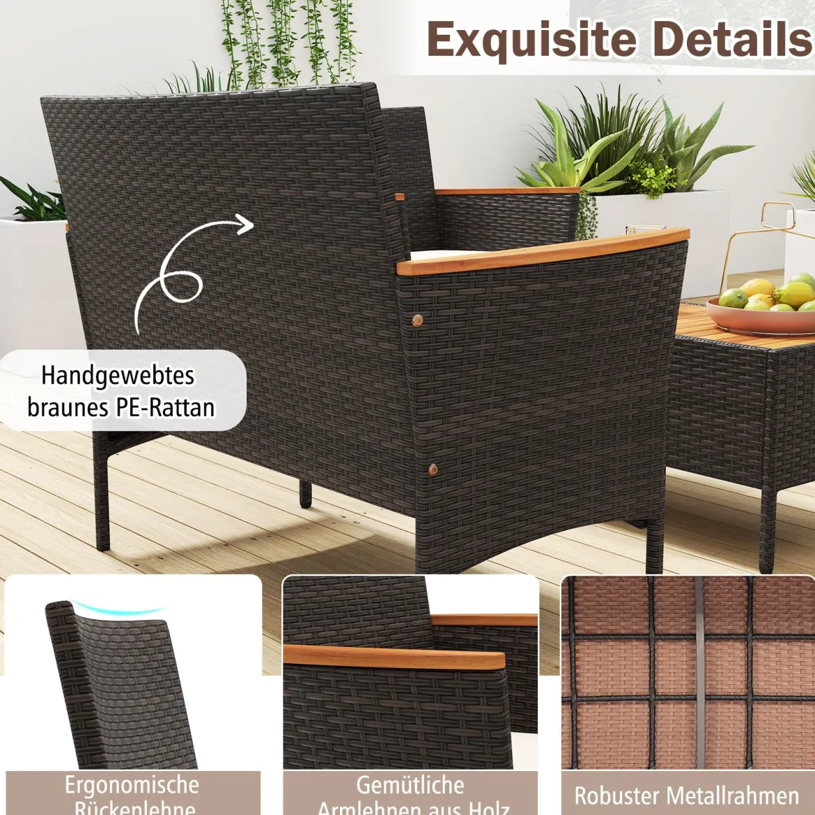 Rattan Gartenmöbel Set mit 2 Sessel & Bank & Tisch & Kissen Outdoor Lounge Möbel Sitzgarnitur