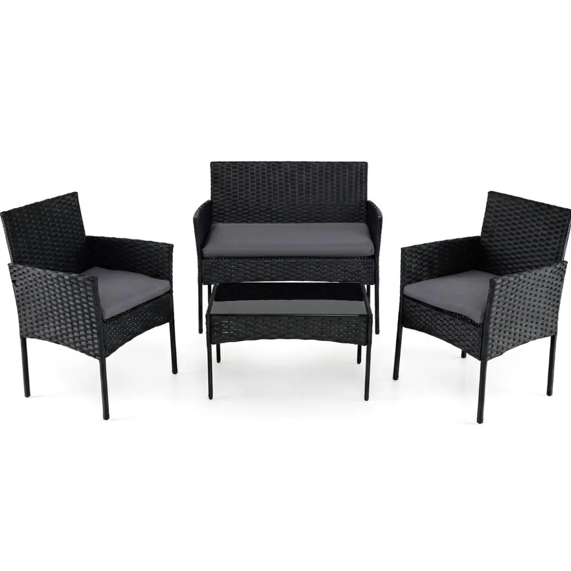 Rattan Gartenmöbel Set mit 2 Stühlen & Bank & Tisch & Kissen Sitzgruppe Gartengarnitur Grau