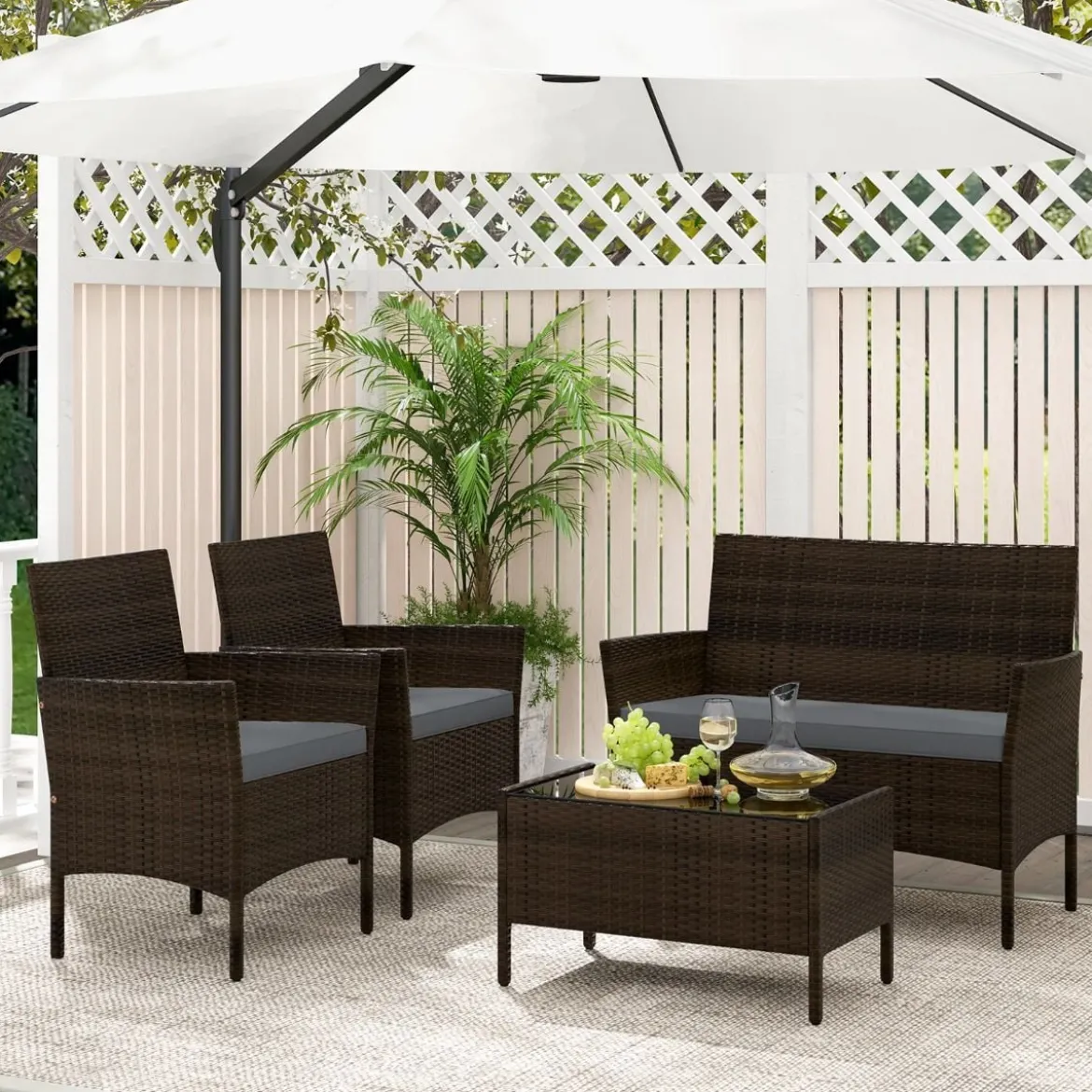 Rattan Gartenmöbel Set Sitzgruppe mit 2 Sessel & Bank & Tisch & Sitzkissen Sitzgarnitur Grau