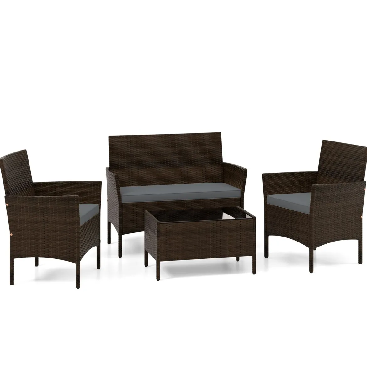 Rattan Gartenmöbel Set Sitzgruppe mit 2 Sessel & Bank & Tisch & Sitzkissen Sitzgarnitur Grau